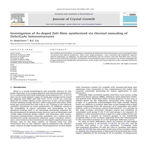 Investigation of As-doped ZnO films synthesized via thermal annealing of ZnSe...