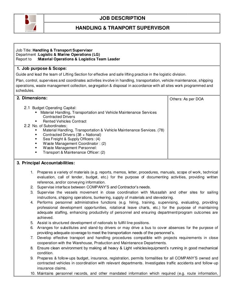 jd handling transport supervisor