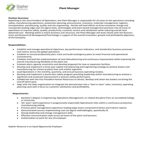 Tampa Plant Manager JD