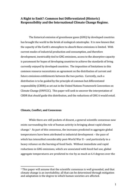 A Right to Emit?: Common but Differentiated (Historic) Responsibility and the International Climate Change Regime