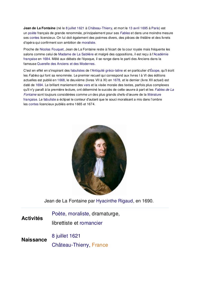 biographie de jean la fontaine courte biographie de la fontaine Schleun