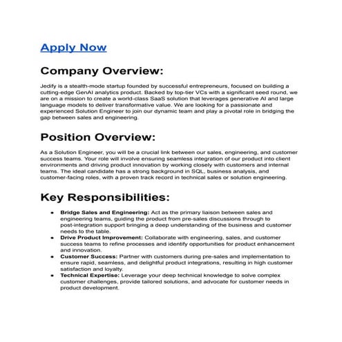 Jedify is Hiring Solutions engineer In New York