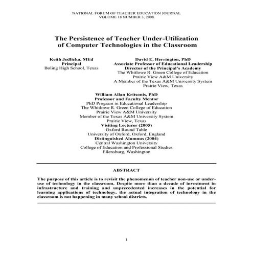 Jedlicka, keith the persistence of teacher under utilitzatrion of computer te...