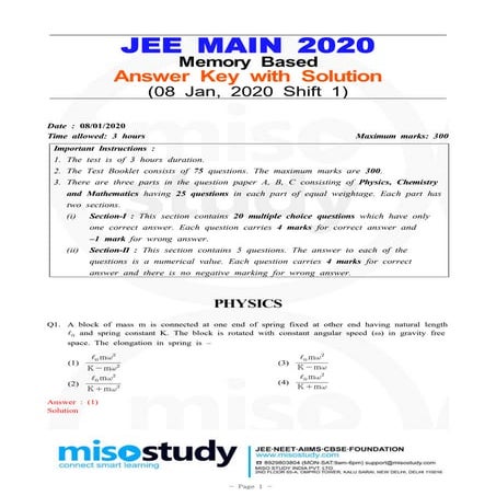 JEE Main 2020 Question Paper With Solution 08 Jan 2020 Shift 1 Memory Based