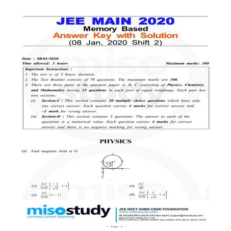 JEE Main 2020 PCM Question Paper with Solution 08 Jan 2020 Shift 2 Memory  Based
