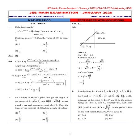 JEE Main 2026 Mathematics Test Paper with Detailed Solutions | PDF