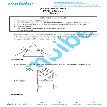 Jee advanced 2015 paper 2 code 3 answer key v1
