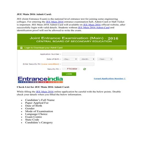 Jee main 2016 admit card