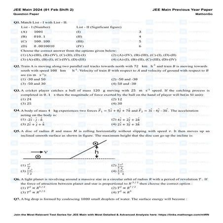 JEE Main 2024 (01 Feb Shift 2) Previous Year Paper with Answer Keys ...