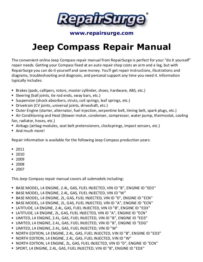 Jeep compass repair manual 2007 2011