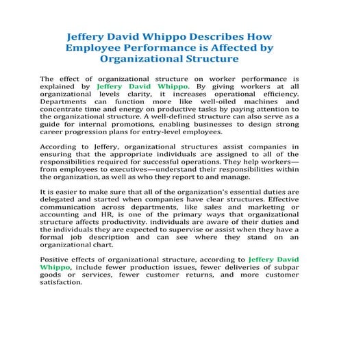 Jeffery David Whippo Describes How Employee Performance is Affected by Organi...
