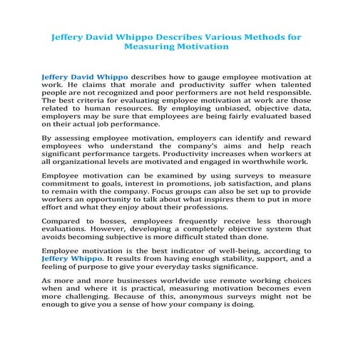 Jeffery David Whippo Describes Various Methods for Measuring Motivation