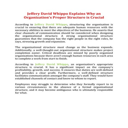Jeffery David Whippo Explains Why an Organization's Proper Structure is Crucial