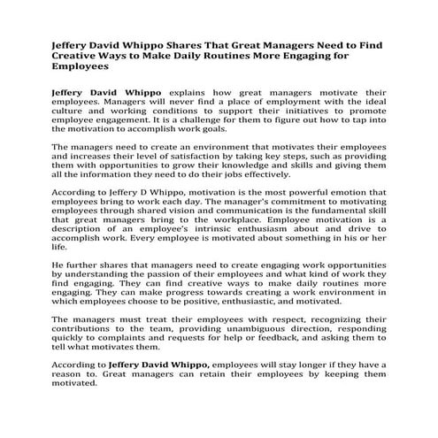 Jeffery David Whippo Shares That Great Managers Need to Find Creative Ways to...