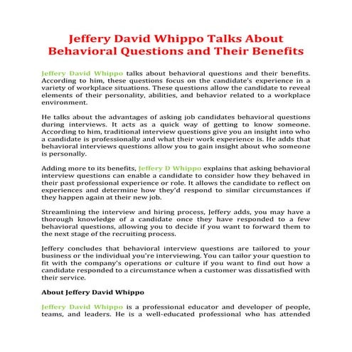 Jeffery David Whippo Talks About Behavioral Questions and Their Benefits