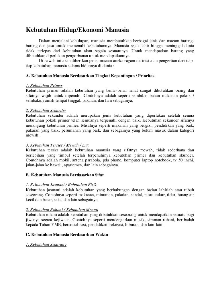 Jenis Kebutuhan Hidup Manusia Jenis Kebutuhan Hidup Manusia