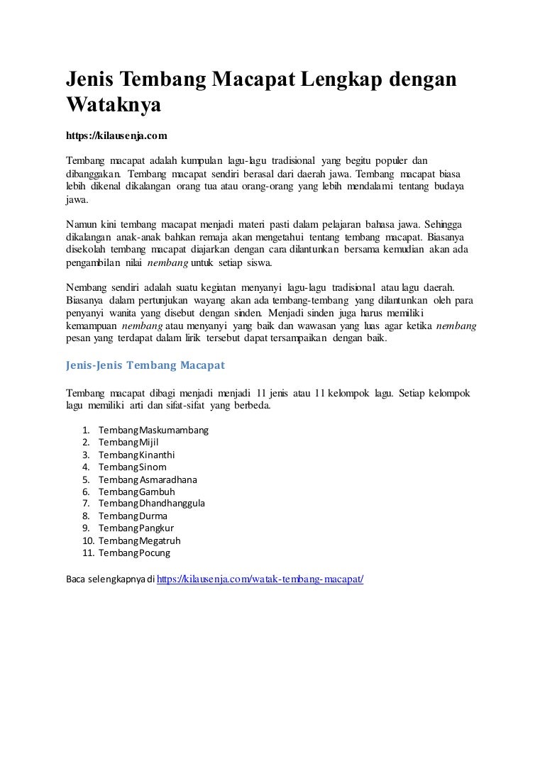 Jenis Tembang Macapat Lengkap Dengan Wataknya