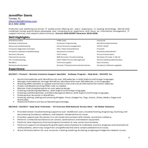 Jenniffer Davis Current Resume Tampa FL