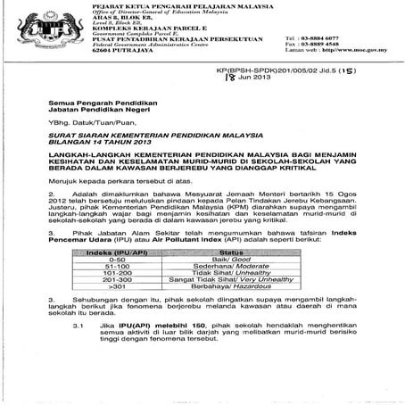 SURAT SIARAN KEMENTERIAN PENDIDIKAN MALAYSIA BIL.14 TAHUN 2013: BERKAITAN JEREBU