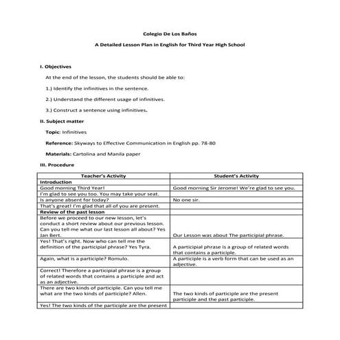 A detailed Lesson Plan (Infinitives)