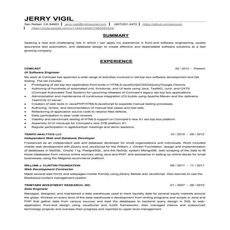 Jerry Vigil CV - Software Engineer - San Francisco, CA, USA
