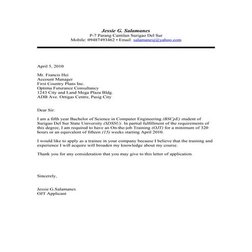 Sample Application letter for ojt's | DOCX