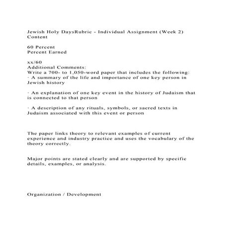 Jewish Holy DaysRubric - Individual Assignment (Week 2)Content.docx
