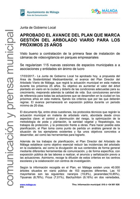 APROBADO EL AVANCE DEL PLAN QUE MARCA GESTIÓN DEL ARBOLADO VIARIO PARA LOS PR...