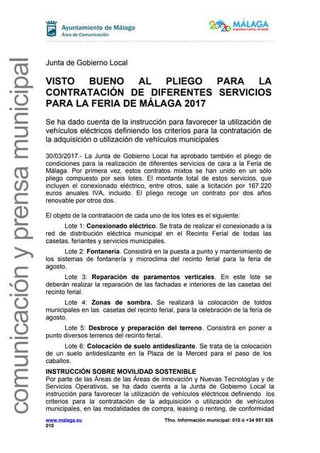 VISTO BUENO AL PLIEGO PARA LA CONTRATACIÓN DE DIFERENTES SERVICIOS PARA LA FE...