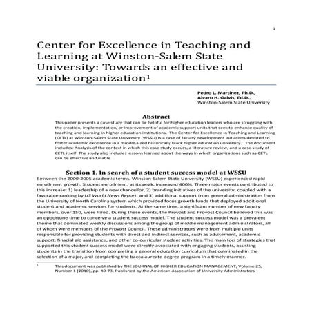Center for Excellence in Teaching and Learning at WSSU: Towards an Effective ...
