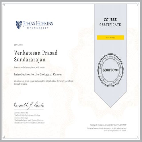 JHU - Into' to the Biology of Cancer Cert VPS2016