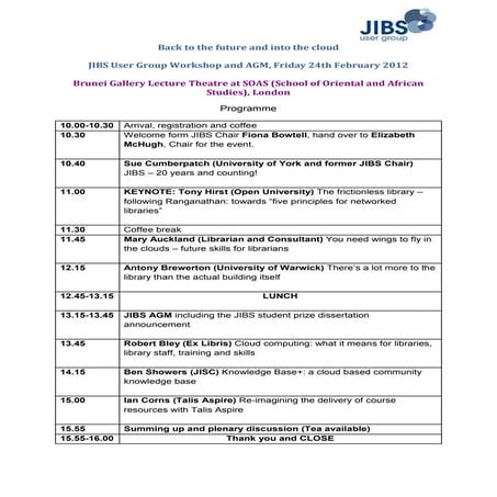 Back to the Future and Into the Cloud JIBS User Group Workshop and AGM Programme