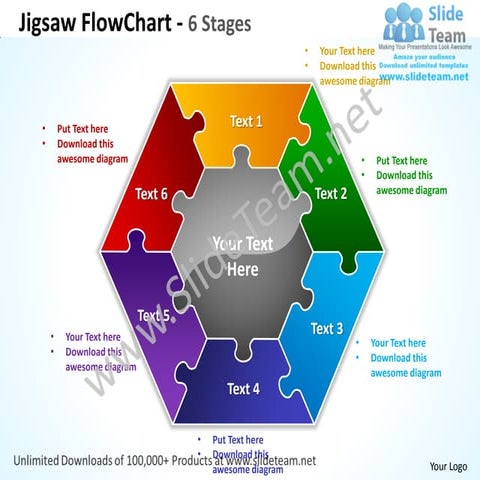 Jigsaw flowchart 6 stages powerpoint templates 0712