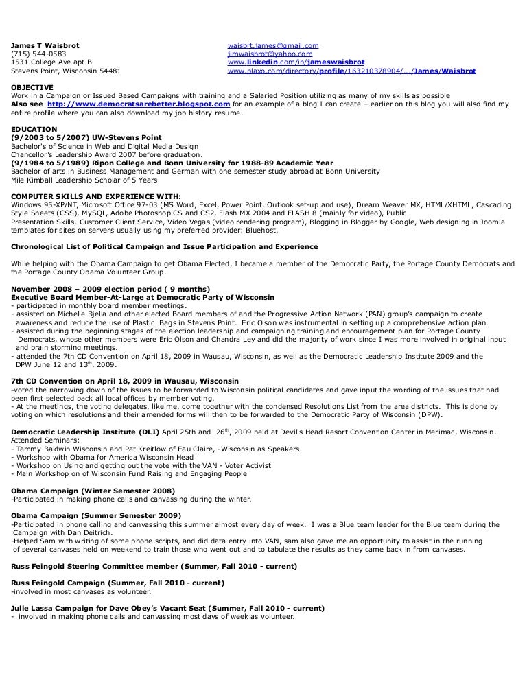 jim waisbrot new political resume 2010 political campaign resume