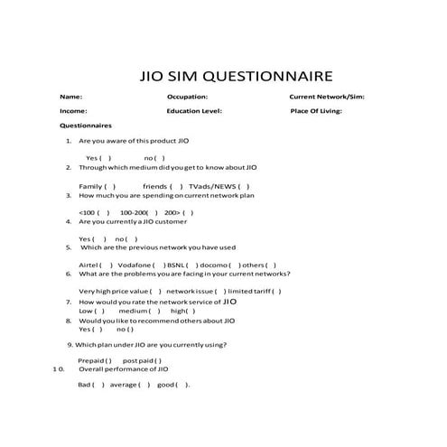 Jio questionnare