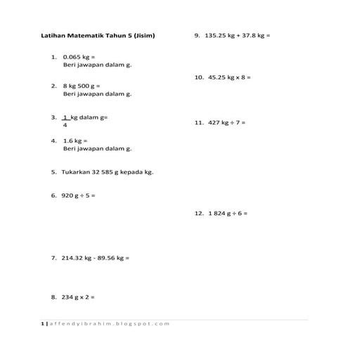 Latihan Matematik Tahun 5 Jisim 