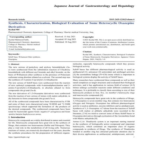 Synthesis, Characterization, Biological Evaluation of Some Heterocyclic Oxaze...
