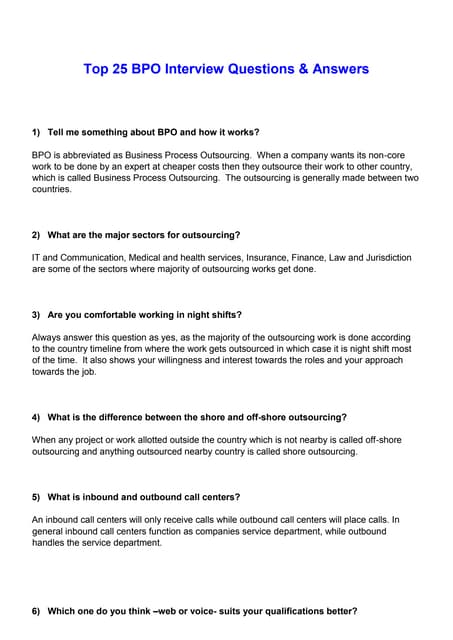 Bpo interview questions | PDF | Resume Writing and Advice | Job Search