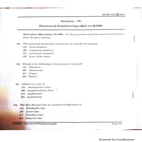 JLEE Electrical Engineering Question Paper Assam