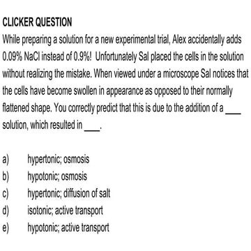 Osmoregulation and ratio of surface area to-volume - Clicker Questions