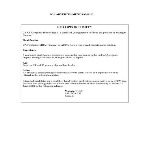 Job advertisement sample