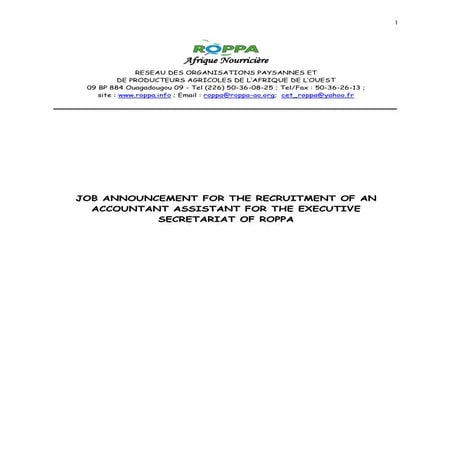 Job announcement accountant assistant of ROPPA