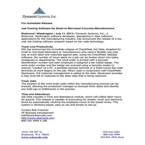 Job costing for concrete manufacturers press release 