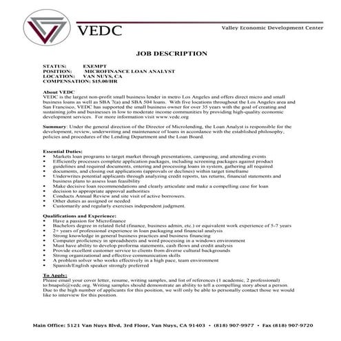 Job description loan analyst - VEDC