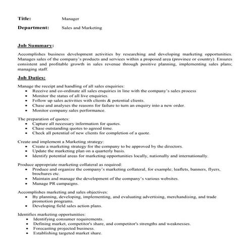 Job description of manager in sales and marketing department