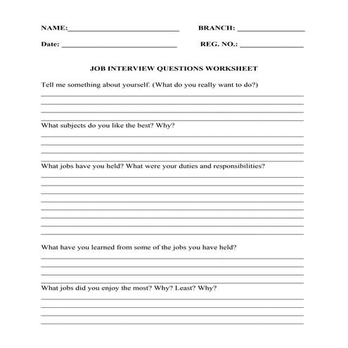 Job interview questions worksheet