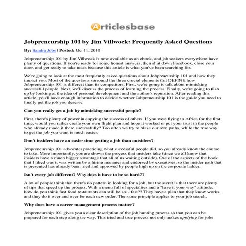 Jobpreneurship 101 by Jim Villwock  Frequently Asked Questions