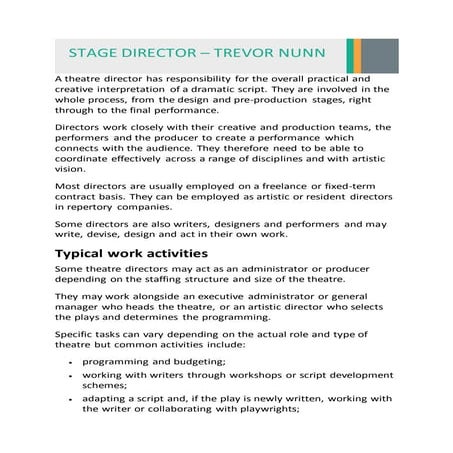 Elements of theatre - Stage manager, stage crew and house management | PPTX