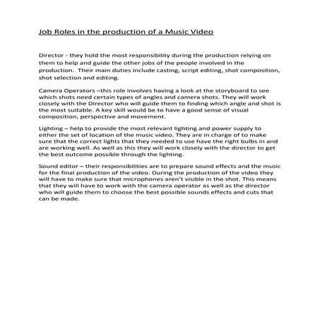 Job roles in the production of a music video | DOCX