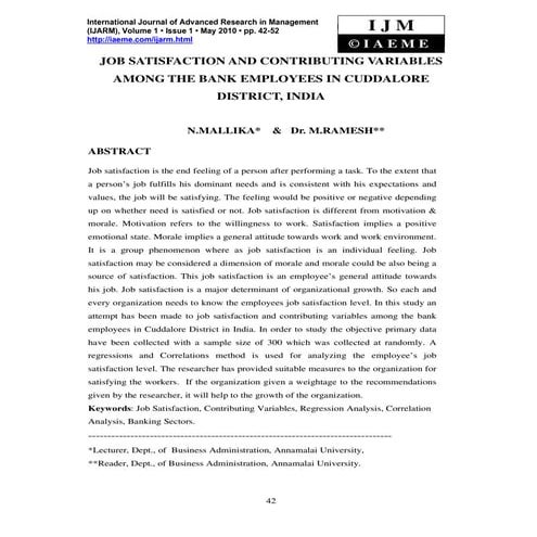 Job satisfaction and contributing variables among the bank employees in cudda...